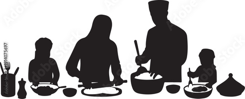 Family Cooking Together Silhouette kitchen black