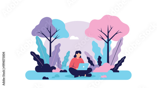 Young woman sitting on grass and working on her laptop computer in beautiful stylized forest with colorful pink and purple trees.