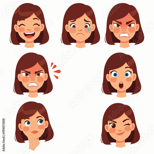 Illustration of various facial expressions of a young woman showcasing different emotions and reactions from different viewpoints
