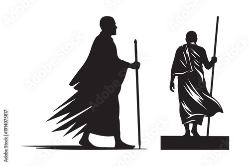 Silhouettes of Monks with Staffs, Meditative and Spiritual