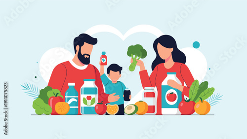Happy family with parents and young son presenting variety of healthy fresh vegetables and natural food products illustration.