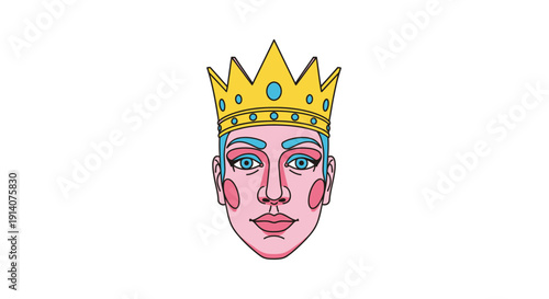 Illustration of a regal face with a crown and vibrant makeup.