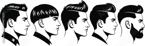Male profile silhouettes with diverse hairstyles, modern haircut styles, beard design, fashion grooming concept, contemporary men’s hair illustration, style representation