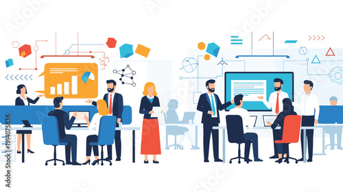 Large group of professional employees working and collaborating in busy office environment with colorful data visualization graphics.