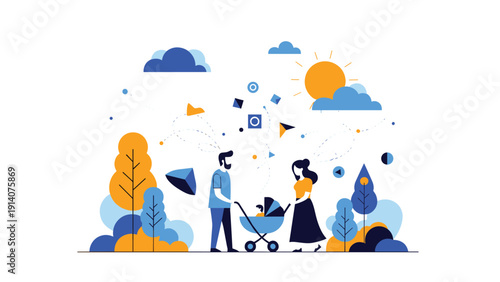 Young parents walking their baby in stroller outdoors surrounded by abstract colorful trees and stylized sunny sky background.