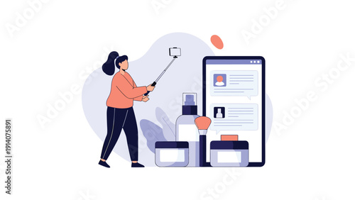 Young woman taking selfie video as beauty influencer with cosmetics and skincare products for social media marketing concept.