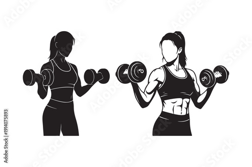Women Lifting Dumbbells: Black Silhouette and Outline Fitness