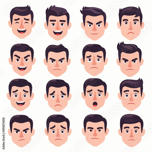 Collection of cartoon man's facial expressions showcasing various emotions and reactions in a grid layout