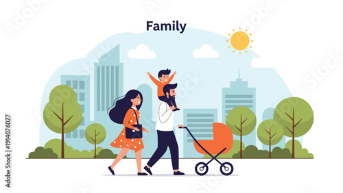 Young parents walk together through a sunny city park with their child in a stroller while buildings and trees line the background.
