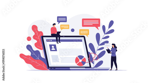 Group of people manages digital social media profiles and online communication using a laptop and various interactive web elements.