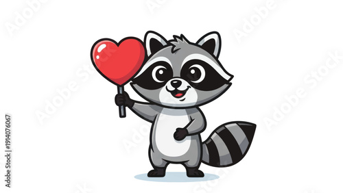 Playful cartoon raccoon holding a red heart balloon in a cheerful, adorable illustration.