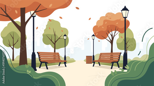 Peaceful autumn park scene in a city park features empty wooden benches and colorful falling leaves under a bright sky with light wind.
