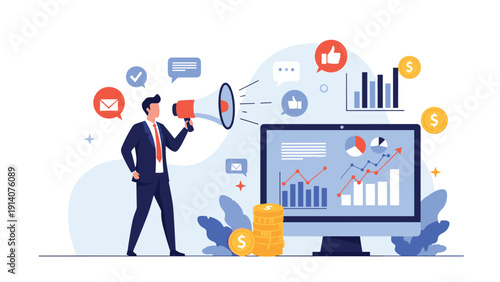 Ambitious businessman uses a megaphone to announce marketing strategies while analyzing data charts and financial growth on a screen.