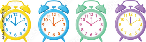 Four colorful cartoon alarm clocks in a horizontal line, featuring yellow, blue, green, and purple colors, isolated on white.