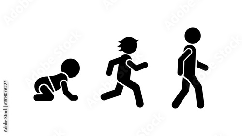 human development phases a baby crawling a child running and an adult walking depicted as silhouettes symbolizing growth progression.