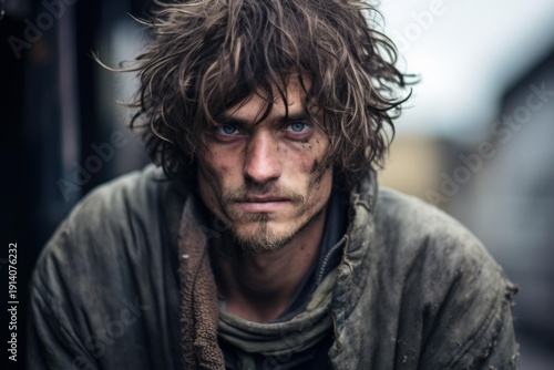 Homeless man with dirty face and disheveled hair looking intensely at camera