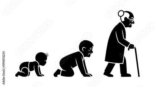 human life cycle progression baby child and elderly person with a cane illustrating growth development and aging.