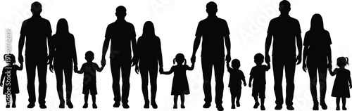 Silhouettes of diverse families standing together, parents holding children hands, family unity concept, generational bond, community illustration, family diversity representation