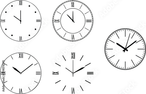 Collection of five black and white clock faces with Roman numerals and different time displays on a white background.