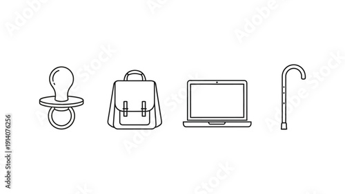 human life cycle progression illustrated with minimalist line icons pacifier backpack laptop and walking cane. depicts stages from infancy to old age symbolizing generational journey on white.