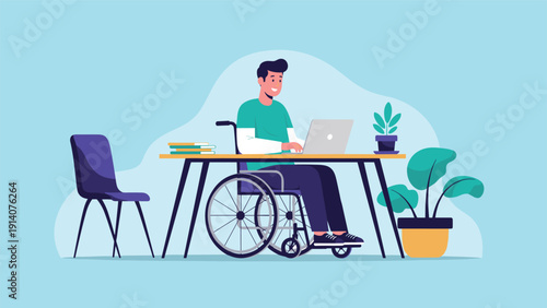 Smiling man in a wheelchair works on a laptop at a desk in a modern and accessible office workspace decorated with green indoor potted plants.