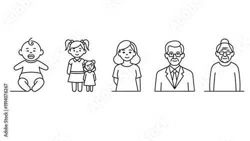 human life stages chronological progression from infant to elder representing family generations demographics and the aging process.