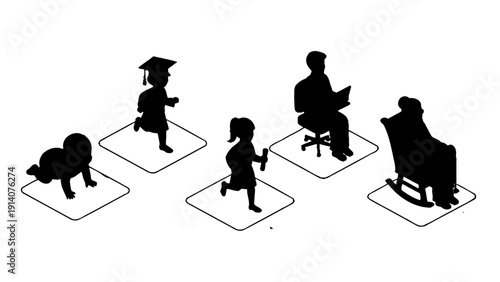 human life stages silhouettes showing progression from infancy to old age on isometric squares representing personal development and lifes journey.