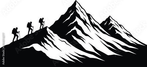 Black silhouette of mountain climbers group trekking up peak with hiking poles isolated on white background for travel adventure and outdoor mountaineering concept