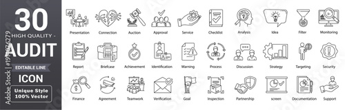 Audit and financial compliance icons set. Editable outline Business, assessment, report , risk, corporate and more collection. Vector illustration