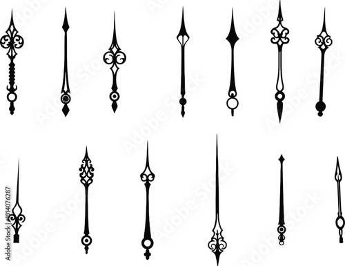 A comprehensive collection of vintage and ornate clock hands designs, featuring various decorative styles for antique timepieces and watchmaking projects.