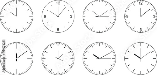 A collection of eight minimalist clock faces illustrating different times in a simple black and white line art style