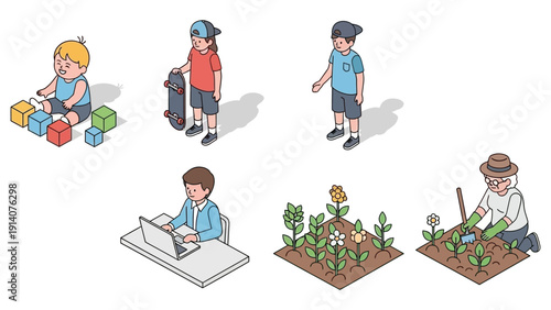 isometric illustrations of human life stages and activities baby teens working man garden and senior woman gardening.