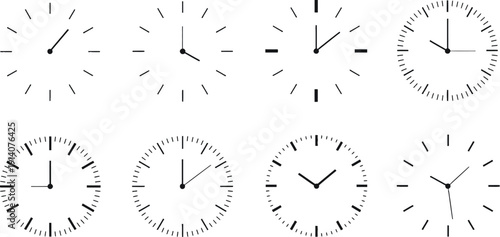 A collection of eight minimalist black and white clock faces displaying various times and styles on a clean white background.