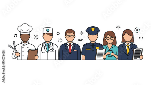 Collection of professionals from different industries including a chef, doctor, businessman, police officer, and office workers in a row.