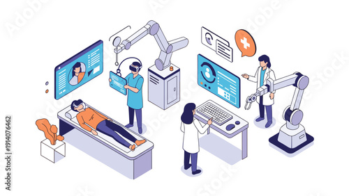 Advanced healthcare facility utilizes robotic arms and virtual reality technology for precision medical surgery and innovative patient care.