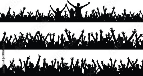 Black silhouette set of cheering crowd with hands raised at music concert festival or sports event isolated on white background for celebration party concept