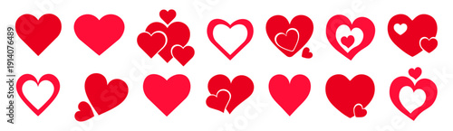 Set of red and pink hearts in cartoon style. Vector illustration of cute love hearts icons of different sizes isolated on white background. Falling in love. Romantic feelings. Valentine's day.