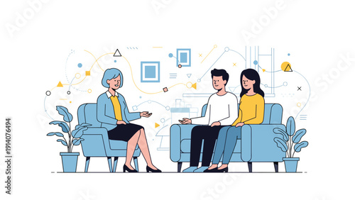 Professional counselor or therapist listens to a young couple during a relationship therapy session in a comfortable and private office room.