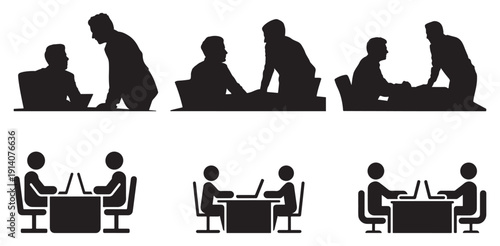 Business meeting and consultation silhouettes of people talking at a table. vector illustration eps 10