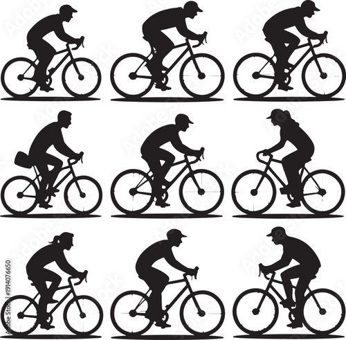 Silhouette of people riding bicycles in various positions on white