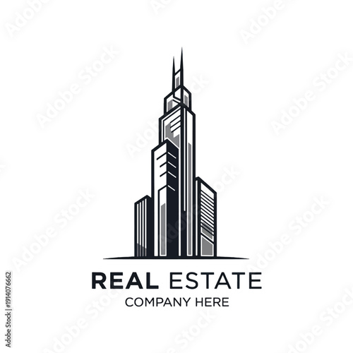 Modern skyscraper logo for a real estate company featuring tall glass buildings and urban skyline.