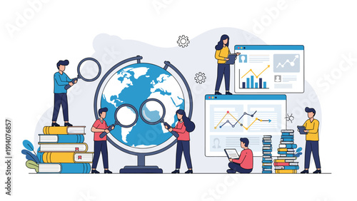 Global research team using magnifying glasses to analyze worldwide data and international market statistics around a globe.