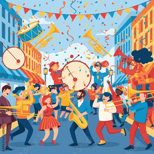 A lively street parade with musicians playing instruments and people celebrating under falling confetti.