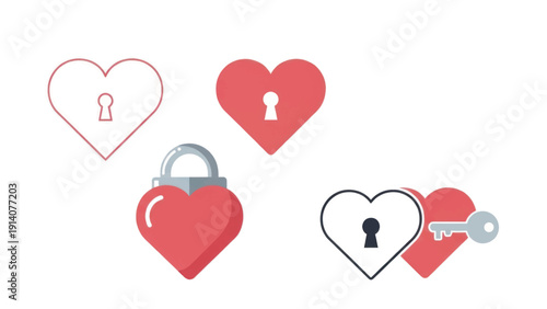 Collection of heart shaped locks and padlocks in red, white, and blue vector illustration.