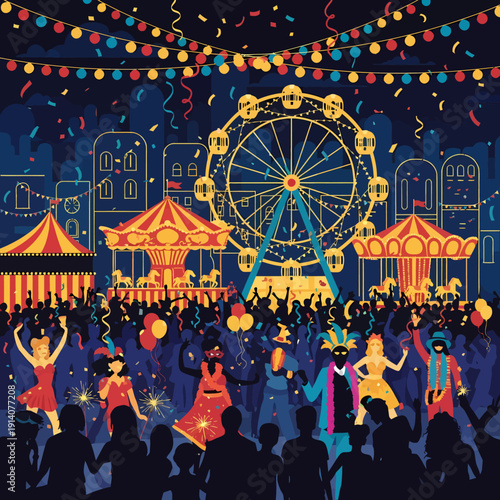 Vibrant night carnival scene with a large Ferris wheel, carousels, tents, and a lively crowd of people celebrating under confetti and festive lights.