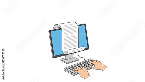 Creative concept of digital copywriting and content creation shown by hands typing on a keyboard with paper from a monitor.