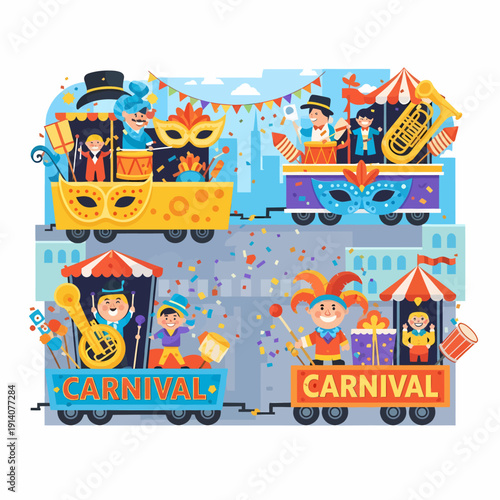 Colorful carnival parade with festive floats, musicians, jesters, and confetti in a vibrant city celebration.