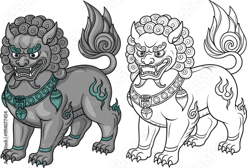 Mythical guardian lion illustration set showing colored and outline styles inspired by Asian folklore for fantasy tattoo mascot vector design