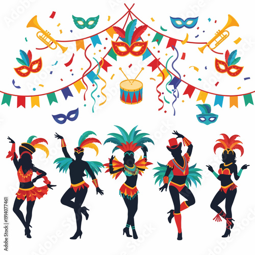 Vibrant carnival celebration with dancing women in feathered costumes and festive decorations.