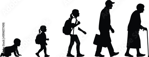 Black silhouette set showing human life cycle stages from crawling baby to senior elderly woman isolated on white background for aging and growth concept